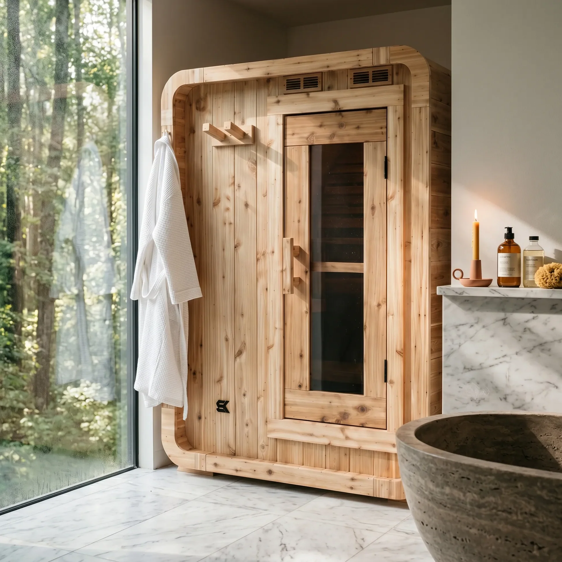 POD 2 exterior — rounded timber cabin with smoked-glass door